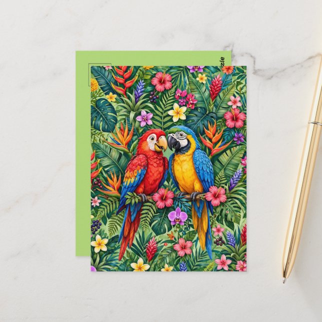 Postal Guacamayos de la selva Loros alegres Flores vibran (Anverso/Reverso In Situ)