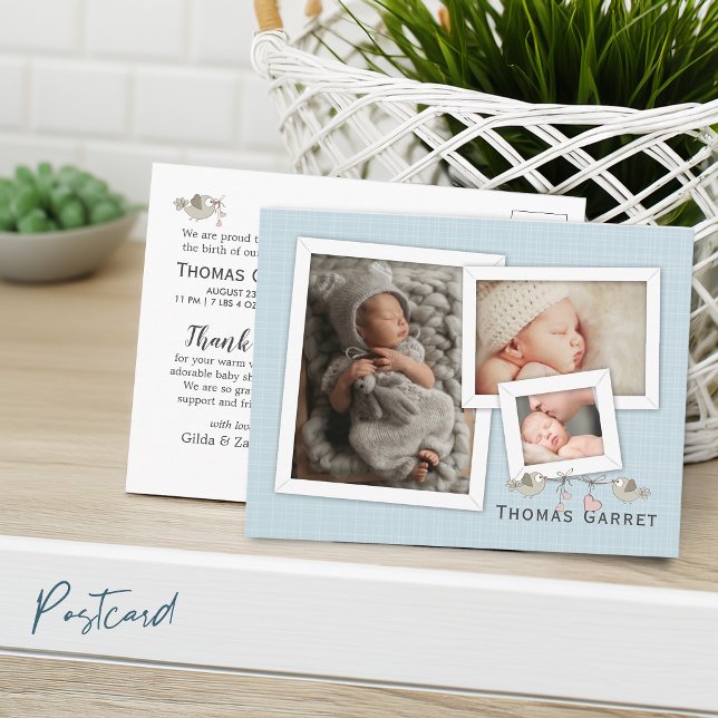 Postal Guapo en azul anuncio de nacimiento enmarcado (Handsome in Blue Photo Framed Birth Announcement Postcard)