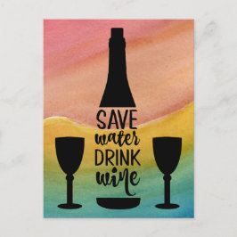 Postal Guardar agua beber vino Botella negra Dos gafas