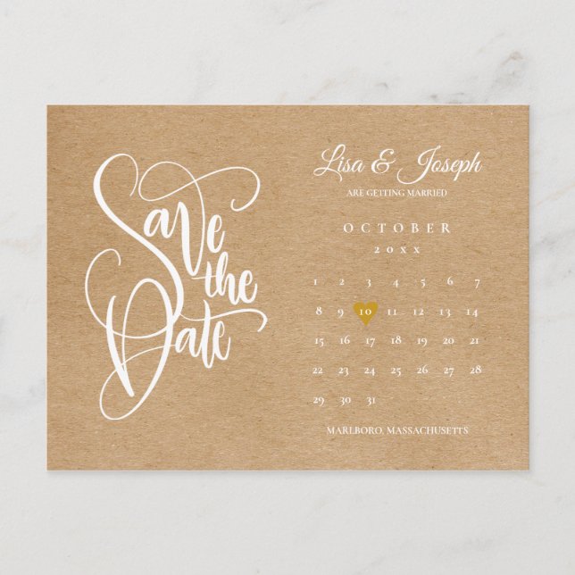 Postal Guardar Calendario de Fecha Corazón de Oro Kraft R (Anverso)