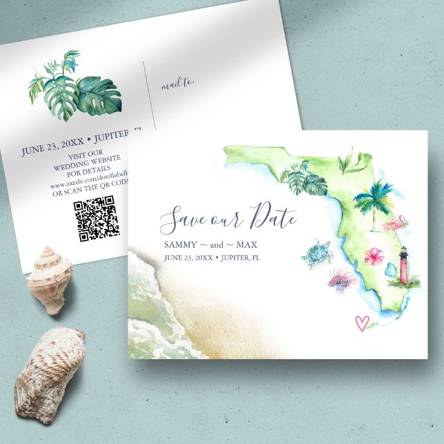 Postal Guardar el mapa de la fecha de la boda de destino  (Destination wedding invitation with QR code tropical watercolor Florida map by Victoria Grigaliunas)