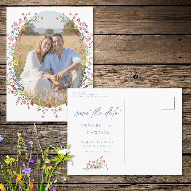 Postal Guardar fecha de la foto del jardín de flores silv (Romantic Spring Wildflower Garden Photo Save Date Postcard)