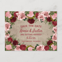 Guardar Fecha Floral Rosa Rubor Burgundy Arpillera