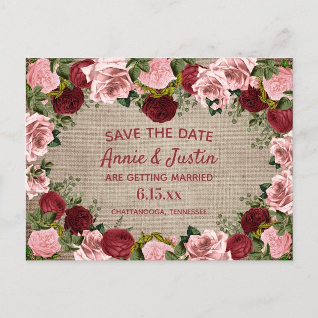 Postal Guardar Fecha Floral Rosa Rubor Burgundy Arpillera (Anverso)