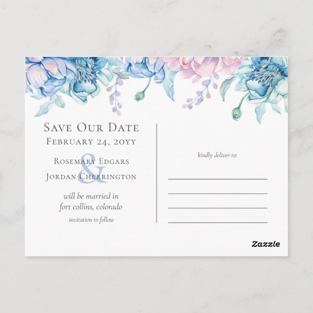 Postal Guardar la Fecha Acuarela Floral Boda 3-Fotos (Reverso)