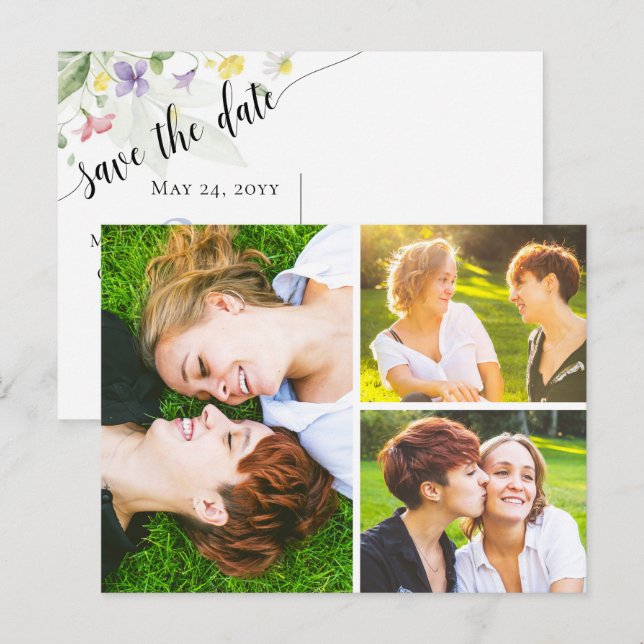 Postal Guardar la fecha Acuarela flores silvestres 3 foto (Anverso / Reverso)