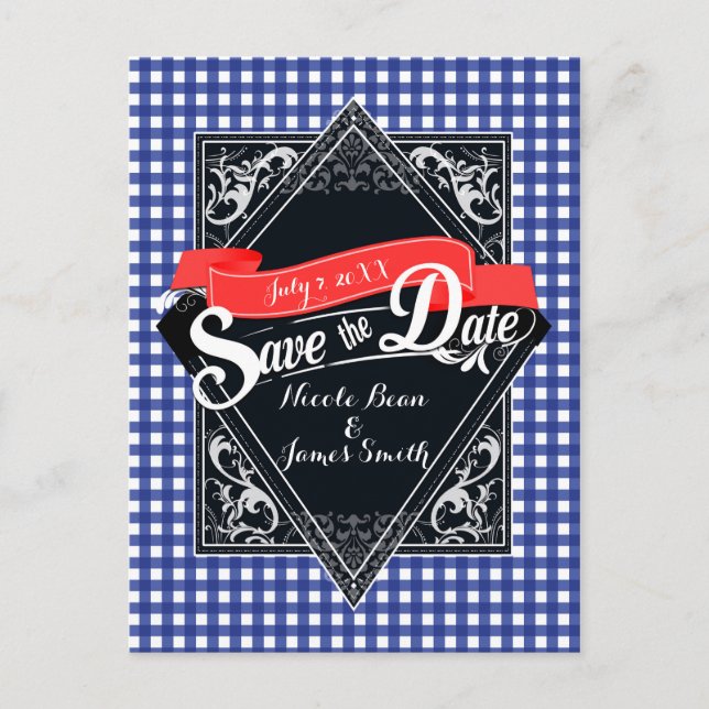 Postal Guardar La Fecha Blue Checkered Gingham Engagement (Anverso)