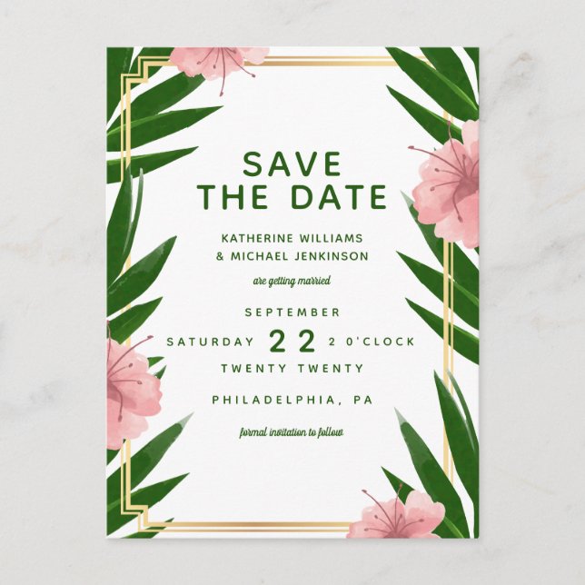 Postal Guardar la Fecha | Boda Tropical (Anverso)