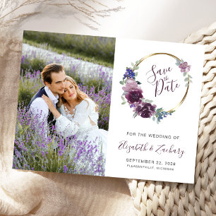 Postal Guardar la fecha Boho Floral Púrpura Marco Dorado
