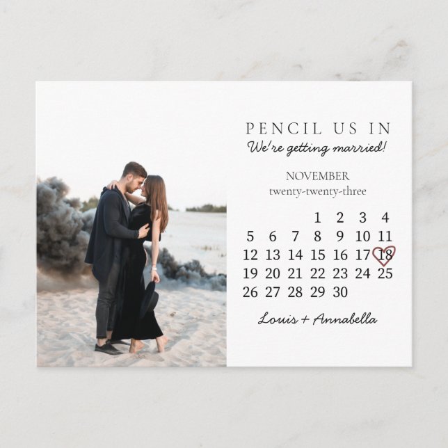 Postal Guardar la fecha calendario Rosa Corazón noviembre (Anverso)