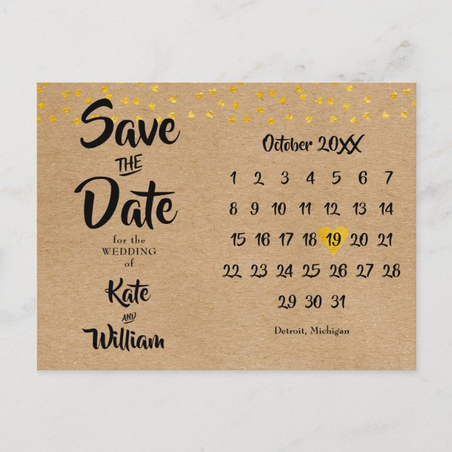 Postal Guardar la Fecha Calendario Rústico Corazón de Oro (Anverso)