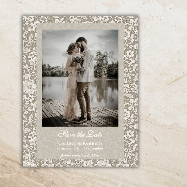 Postal Guardar la fecha de boda de encaje rústico beige c (Subido por el creador)