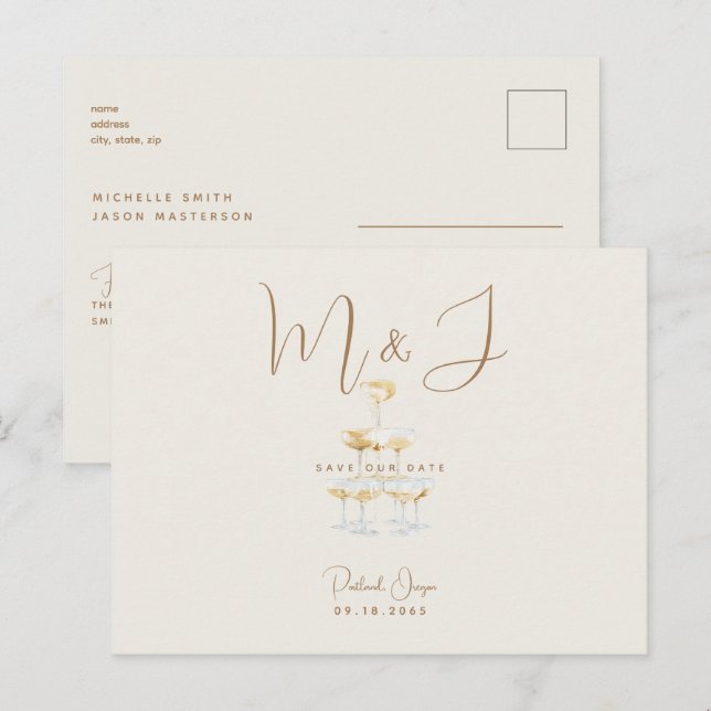 Postal Guardar la fecha de boda moderno beige champán (Anverso / Reverso)