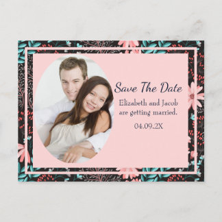 Postal Guardar la fecha de foto floral oscura rosa y azul