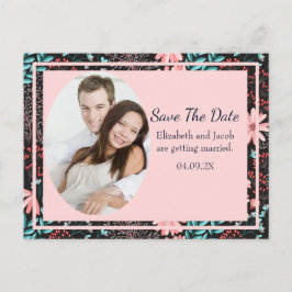 Postal Guardar la fecha de foto floral oscura rosa y azul