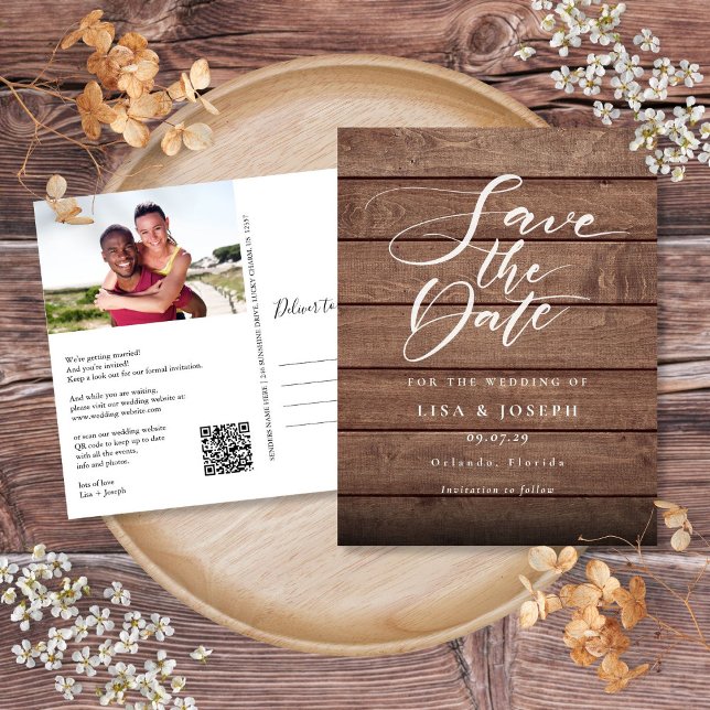 Postal Guardar la fecha en código QR de madera rústica co (Rustic Wood Photo QR Code Save the Date Postcard)