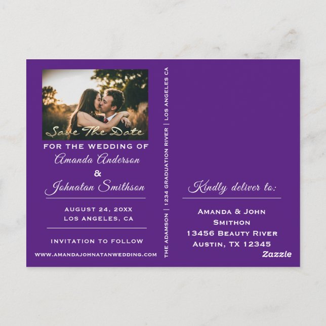 Postal Guardar la fecha Golden Script Photo Purple (Reverso)