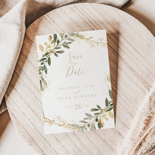 Postal Guardar la fecha otoñal con geometría dorada y veg