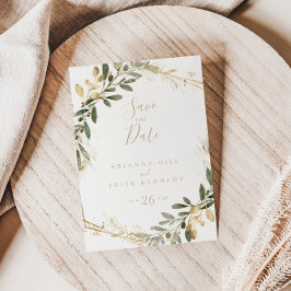 Postal Guardar la fecha otoñal con geometría dorada y veg