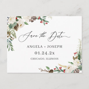Postal Guardar la fecha Script Rustic Winter Floral Berri