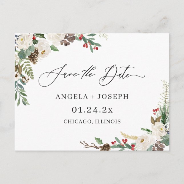Postal Guardar la fecha Script Rustic Winter Floral Berri (Anverso)