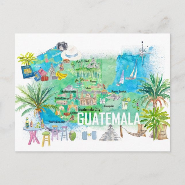 Postal Guatemala Mapa ilustrado de viajes con carreteras (Anverso)