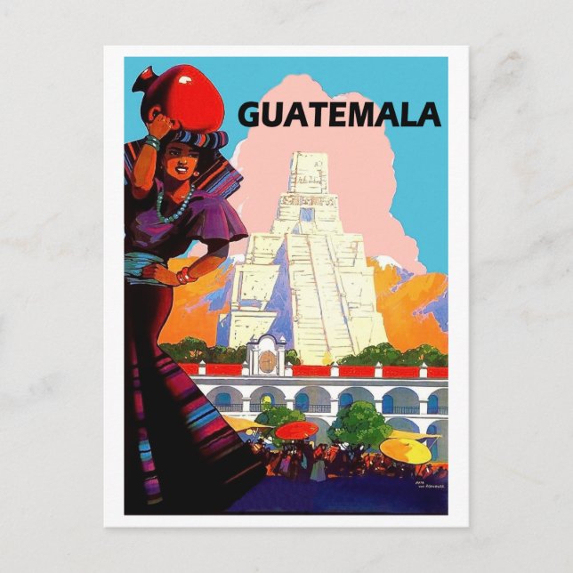 Postal Guatemala, mujer nativa con alfarería, pirámide (Anverso)