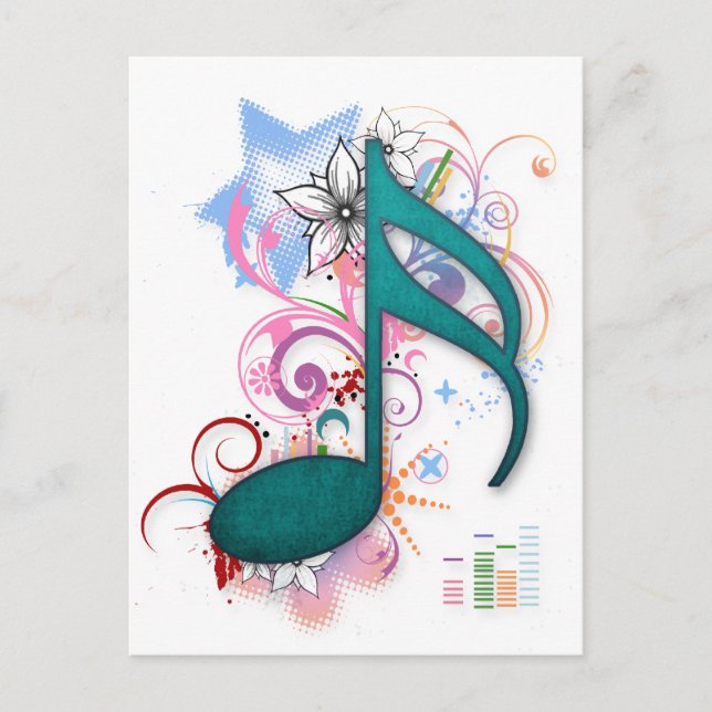 Postal Guay blue grunge music note estrellas flores girat (Anverso)