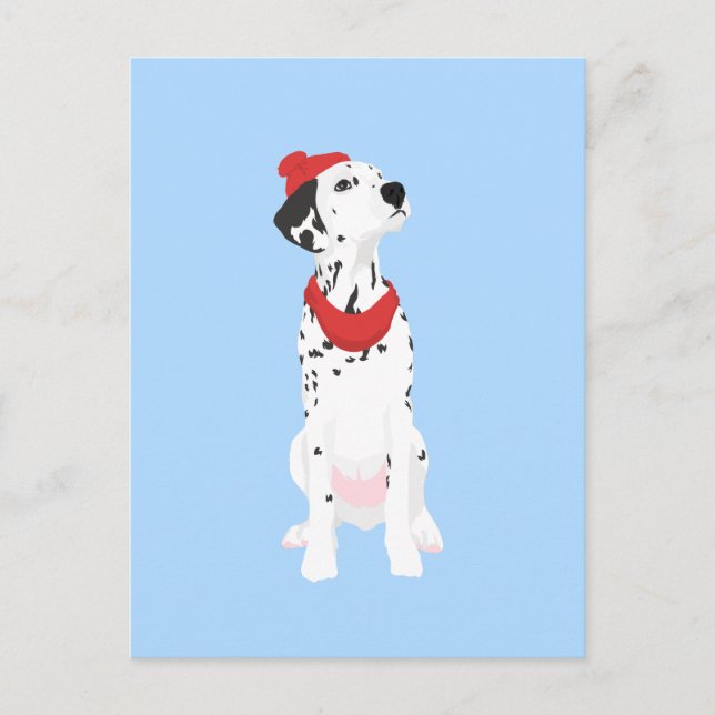 Postal Guay Dalmatian con Gorra rojo de invierno y Shawl (Anverso)