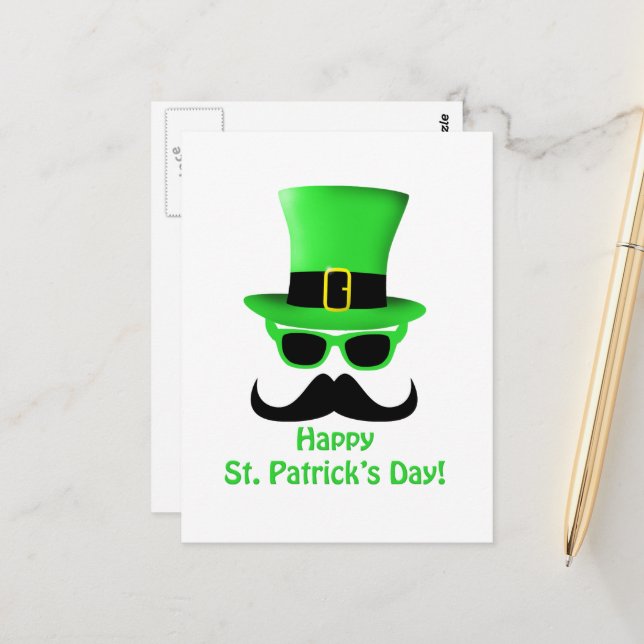 Postal Guay Funny St. Patrick's Day Mustache Top hat Man (Anverso/Reverso In Situ)