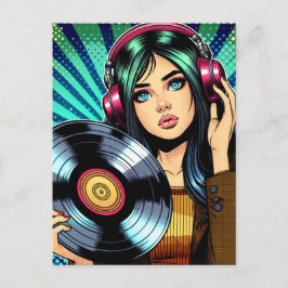 Postal Guay Pop Art Comic Style Chica con álbum Vinyl