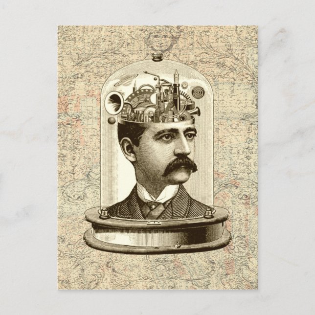 Postal Guay Steampunk, cerebro de relojería, cabeza en ar (Anverso)