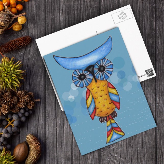 Postal Guay Whimsical Owl (Fantasy Owl blue head colourful feathers on blue circles on postcard.)