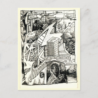 Postal "Guerra moderna", dibujo de tinta