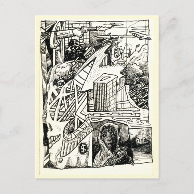 Postal "Guerra moderna", dibujo de tinta (Anverso)