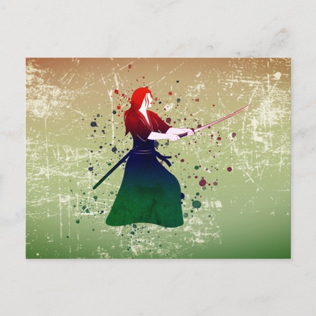 Postal Guerrera de Samurai con espada (Anverso)