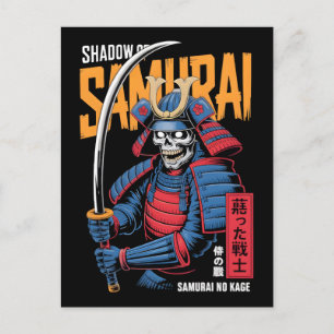 Postal Guerrero esqueleto samurái sombra en armadura azul