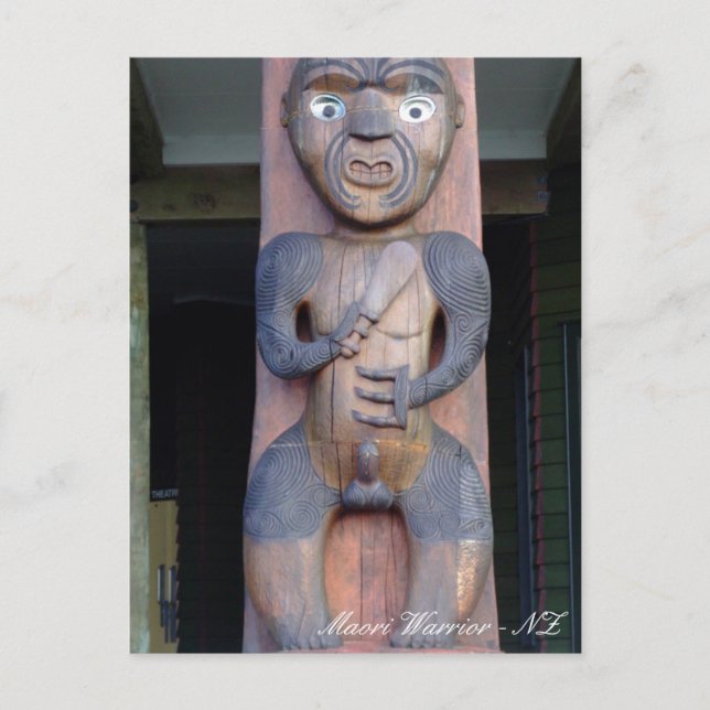 Postal Guerrero Maorí, arte nativo, Nueva Zelanda (Anverso)