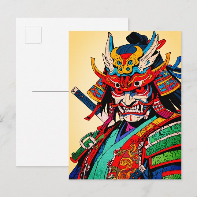 Postal Guerrero Samurái Feroz – Colorido Bushido Japonés (Anverso / Reverso)