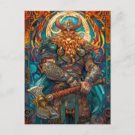 Postal Guerrero Vikingo Vibrante con Hacha Mitología Nórd