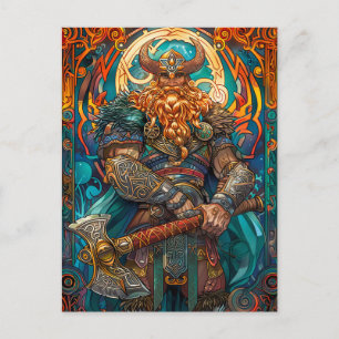 Postal Guerrero Vikingo Vibrante con Hacha Mitología Nórd