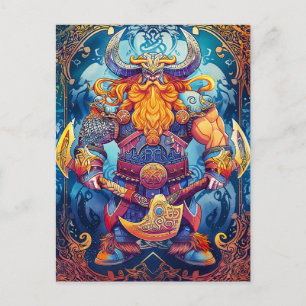 Postal Guerrero Vikingo Vibrante con Hacha Mitología Nórd