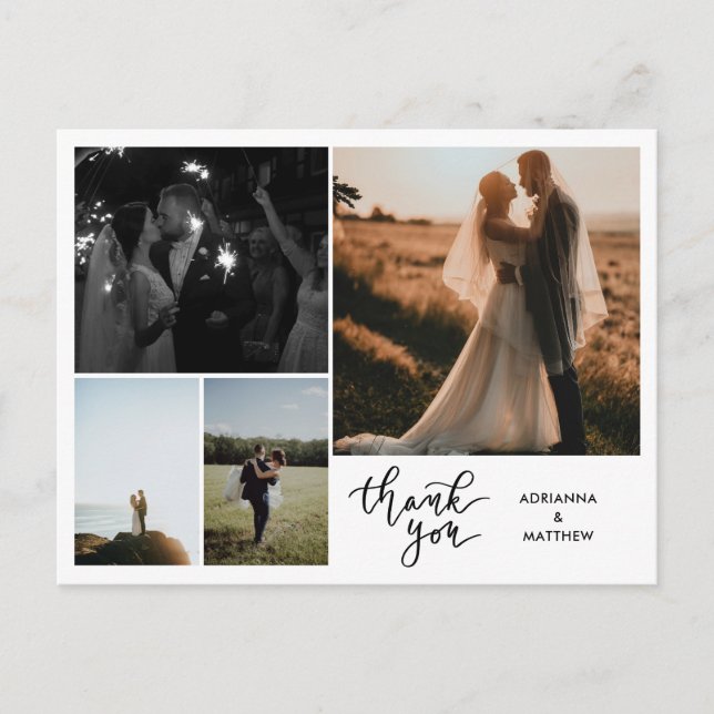 Postal Guión de agradecimiento de boda | Collage de fotos (Anverso)