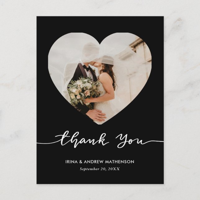 Postal Guión de agradecimiento de boda negra Foto corazón (Anverso)