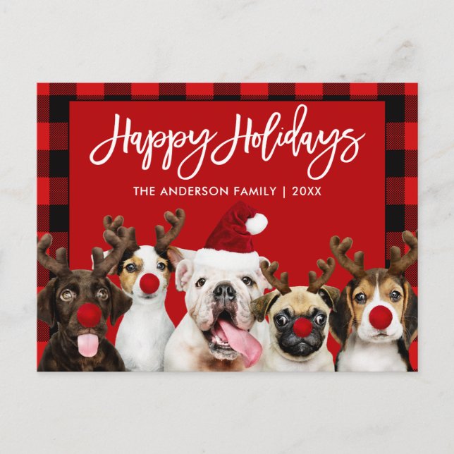 Postal Guión de broche Felices Fiestas Perros Rojo (Anverso)