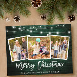 Postal Guión de broche Luz verde de madera 3 Navidades de<br><div class="desc">Guión de broche de madera verde rústico 3 Familia de fotos Tarjeta navideña de merry con cadenas</div>
