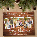 Postal Guión de broche Madera Rústica Luces 3 Navidades d<br><div class="desc">Guión de pincel de madera rústica 3 Familia de fotos Tarjeta navideña de merry con cadenas</div>