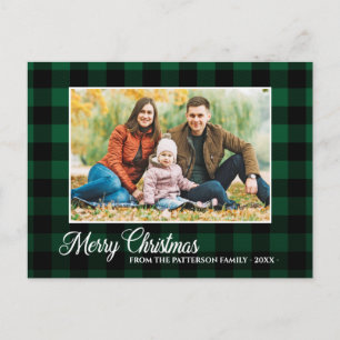 Postal Guión de caligrafía Foto Navidades Green Plaid