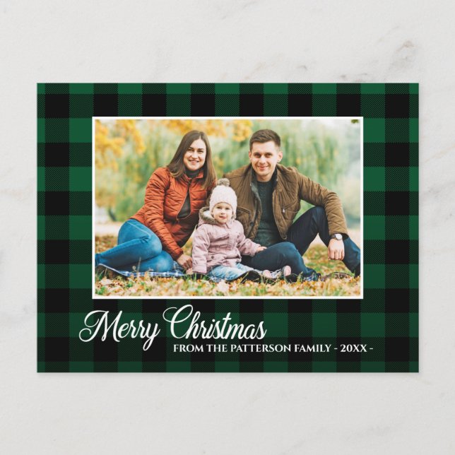 Postal Guión de caligrafía Foto Navidades Green Plaid (Anverso)