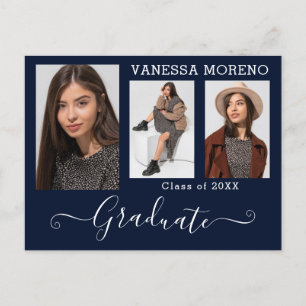Postal Guión de caligrafía moderna 3 Foto Graduación azul